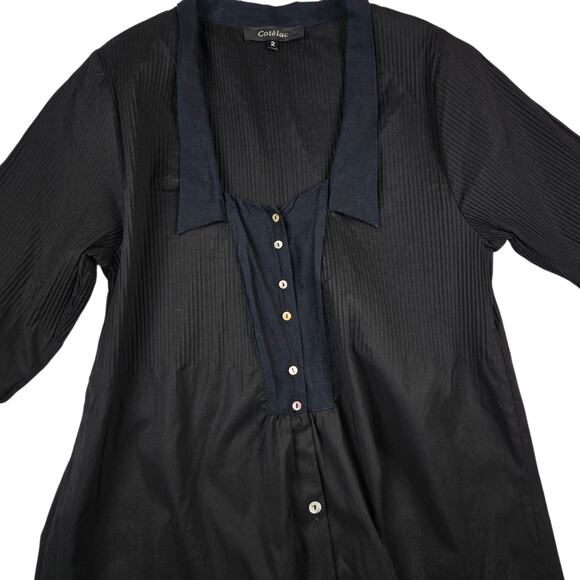 Cotelac Dress Size 2 US 8 Black Tunic Ruched Lagenlook Mixed Media Button Up - Picture 2 of 7